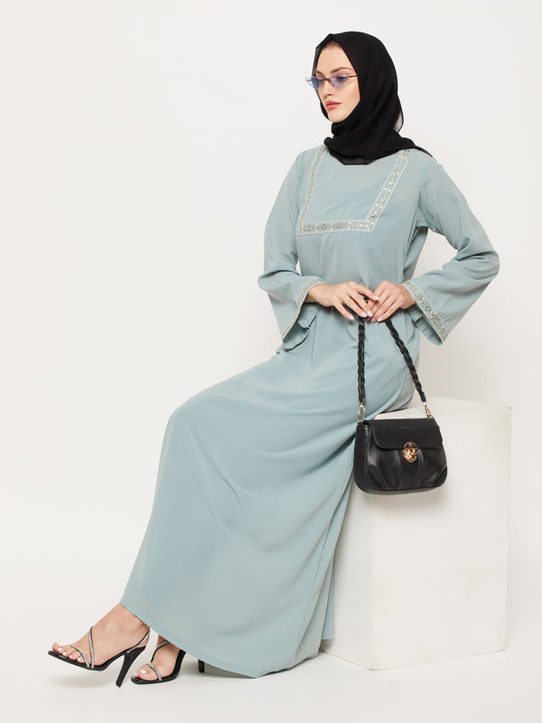 Nabia Sea Green Nida Matte Fabric Embroidery Work Women Abaya With Georgette Scarf