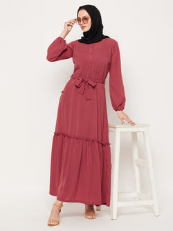 Nabia Rust Nida Matte Fabric Abaya With Georgette Scarf