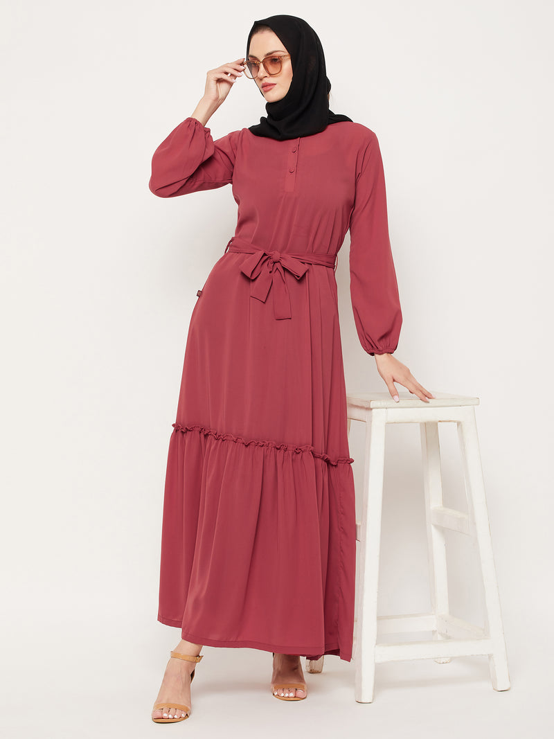 Nabia Rust Nida Matte Fabric Abaya With Georgette Scarf