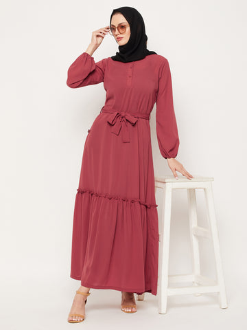 Nabia Rust Nida Matte Fabric Abaya Burqa for Women With Georgette Scarf