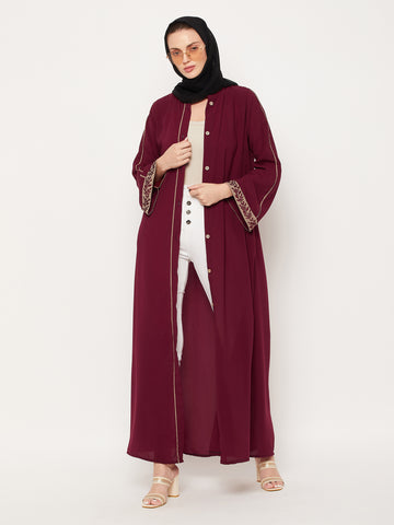 Nabia Maroon Front Open Embroidery Work Women Abaya With Georgette Scarf
